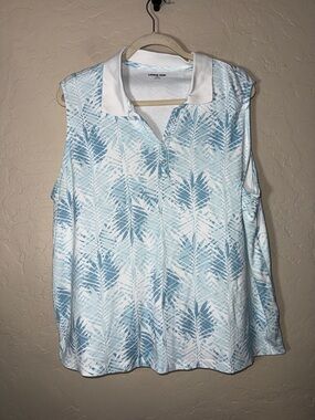 Lands' End sleeveless polo white collar blue tropical leaf pattern size 2X